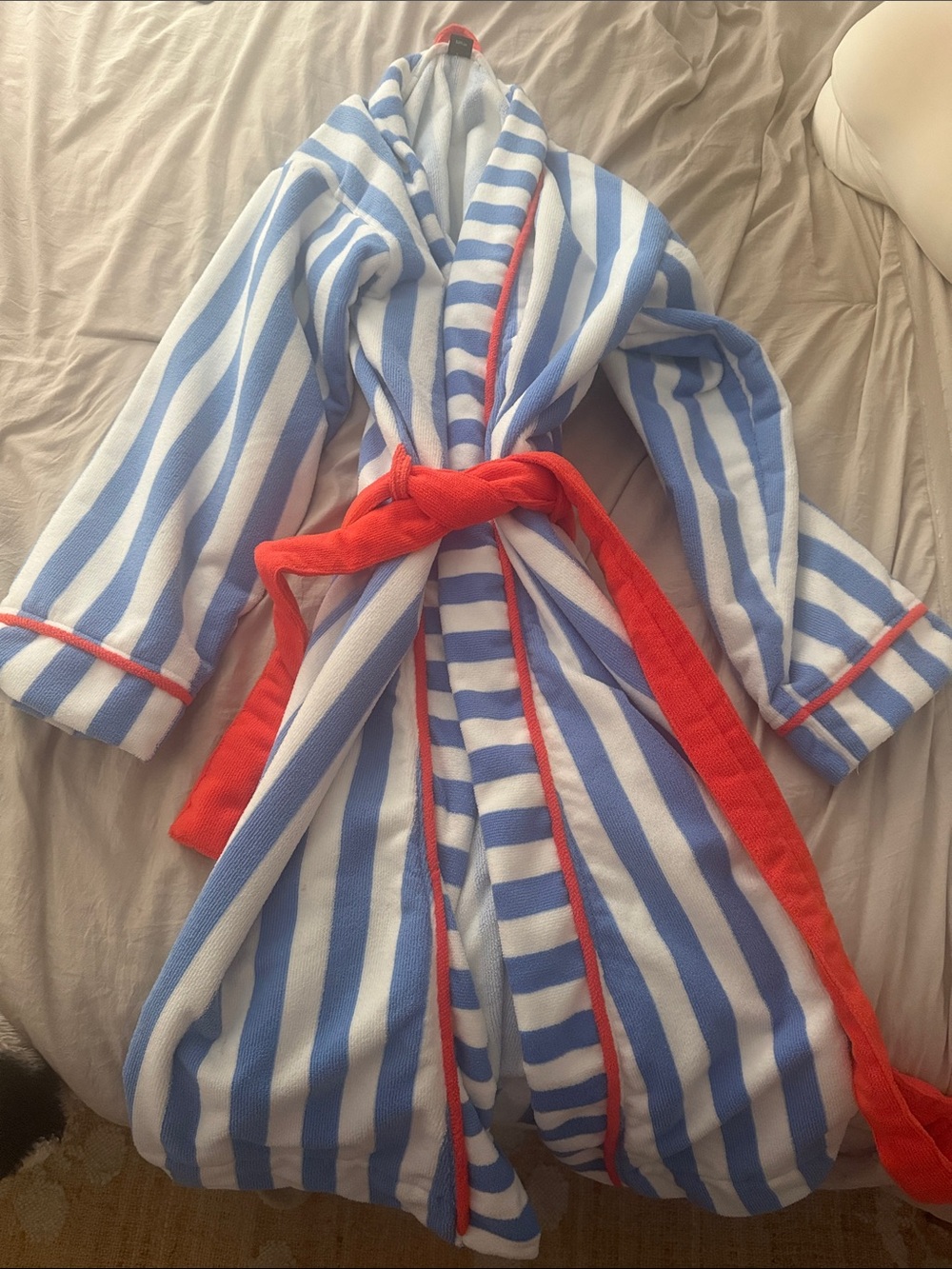 Adult Striped Blue & White Plush Bathrobe with Orange Trim and Belt